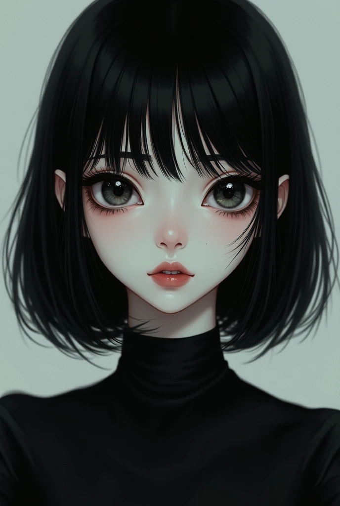 Sweet-faced white girl, splattered nose, large eyes, straight and thin eyebrows, bangs above the eyebrows, shoulder length black hair, long eyelashes, black clothes