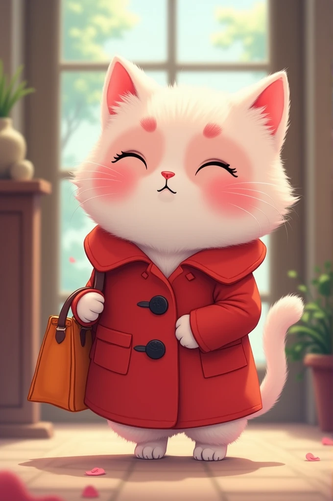 A cute pink and white cat wearing a red coat. The bag is still easy