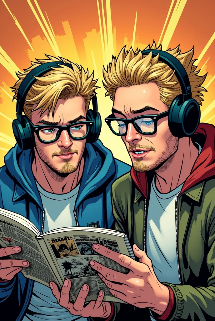 DC Comics style image, 2 nerdy man, fluffly, blonde with short messy hair and glasses wearing cat-eye headsets, unshaven beard, reading manga