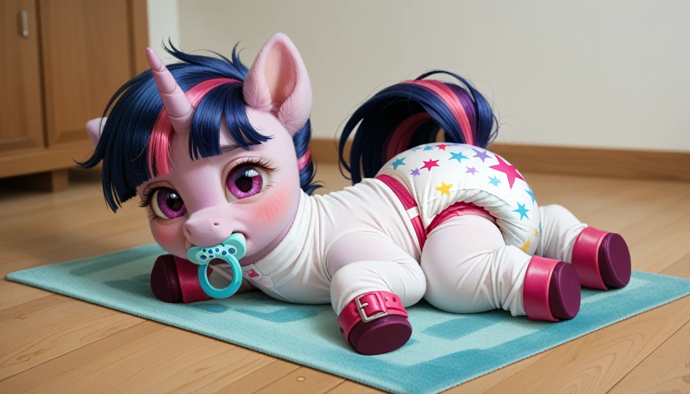pony, purple unicorn, dark blue mane with purple streak and pink streak, the tail is dark blue with a purple strand and a pink strand, purple eyes, on the side close to the back hoof is a drawing of a pink star with six small stars around a central star, adult mare, sitting in the room on a soft play mat, dressed in an adult size bodysuit and booties, baby adult size pacifier in mouth, solo, thick diaper under clothes, pink blush on cheeks, Embarrassment, Awkwardness.