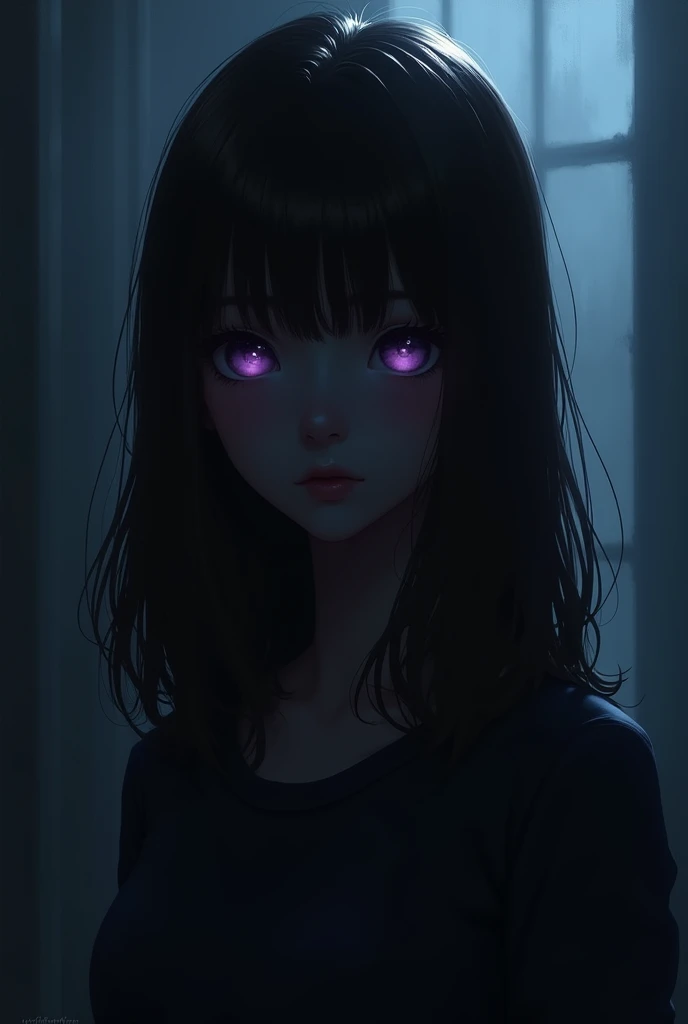 Let it be like a book cover where only the silhouette of a teenage girl can be seen., dark brown straight hair, Dark skin and purple eyes look a little in the dark, which is hyperrealistic 