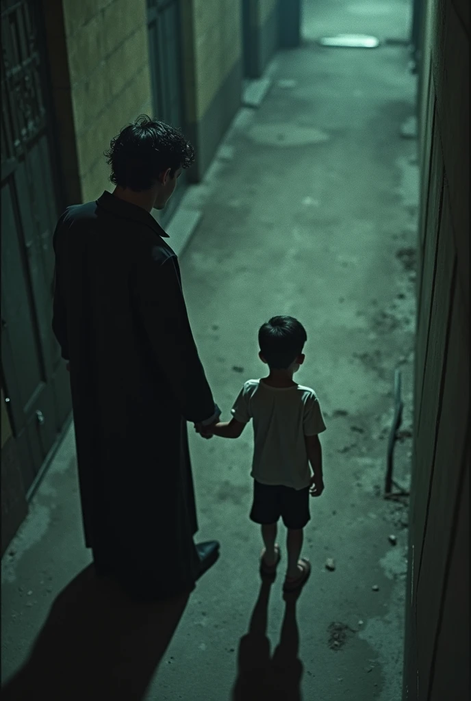 Create an image where you can see an image taken by a security camera (from above) in the 90s in an alley to a Colombian man (similar to Luis Alfredo Garavito) 4 (scrawny and tall) Dirty appearance, disguised as a priest (with black hair, a little wavy and short ) holding a child's hand. Both must be with their backs turned without their faces being seen.