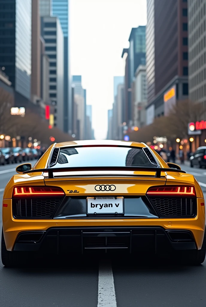 Create a photo of a 2017 golden audi r8 , with a background of buildings and that on the license plate holder says "Bryan V''