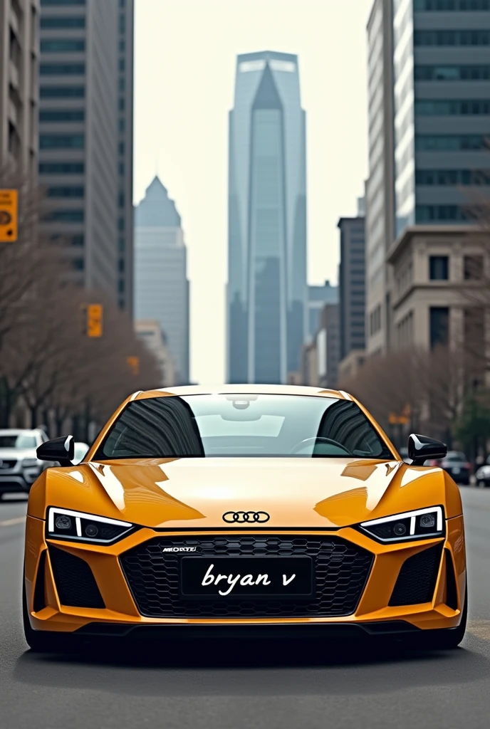 Create a photo of a 2017 golden audi r8 , with a background of buildings and that on the license plate holder says "Bryan V''
