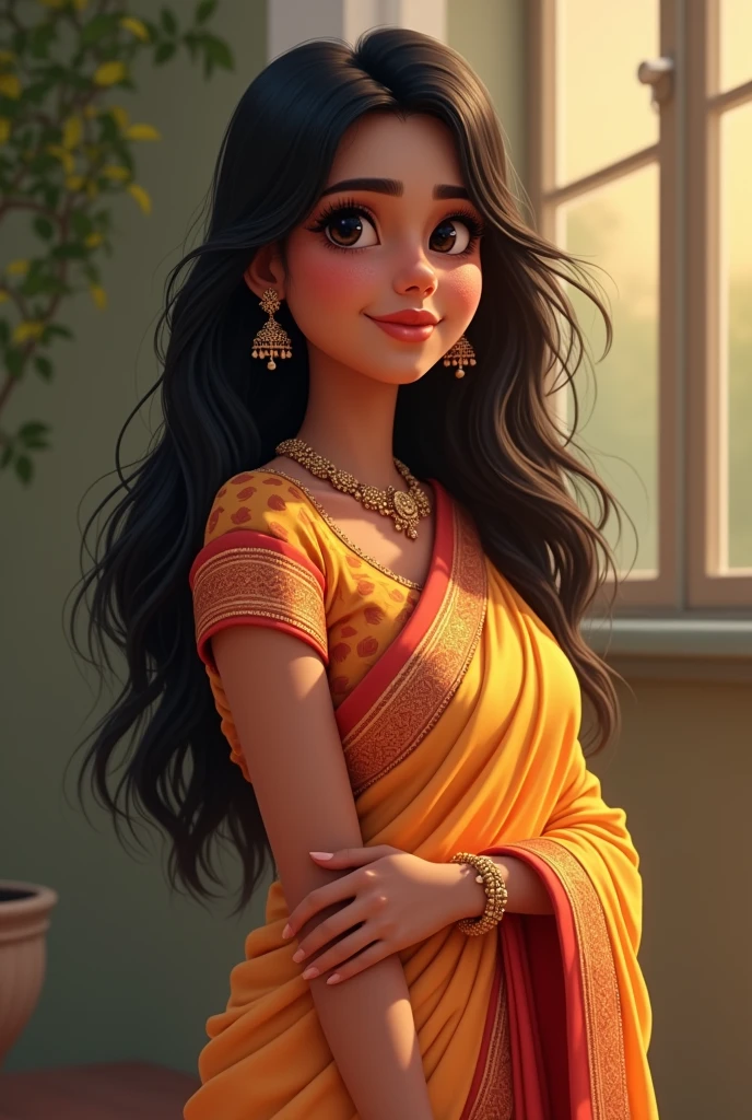 A beautiful Indian woman, around 5'2" in height and approximately 70 kg, with a realistic and fuller figure. She has long black hair, black eyes, and a warm Indian skin tone. She is wearing a traditional saree that highlights her curves. The woman is striking a playful and confident pose, with a slight smile and a twinkle in her eye. The setting should be simple, with soft, natural lighting to enhance her features and the elegance of the saree