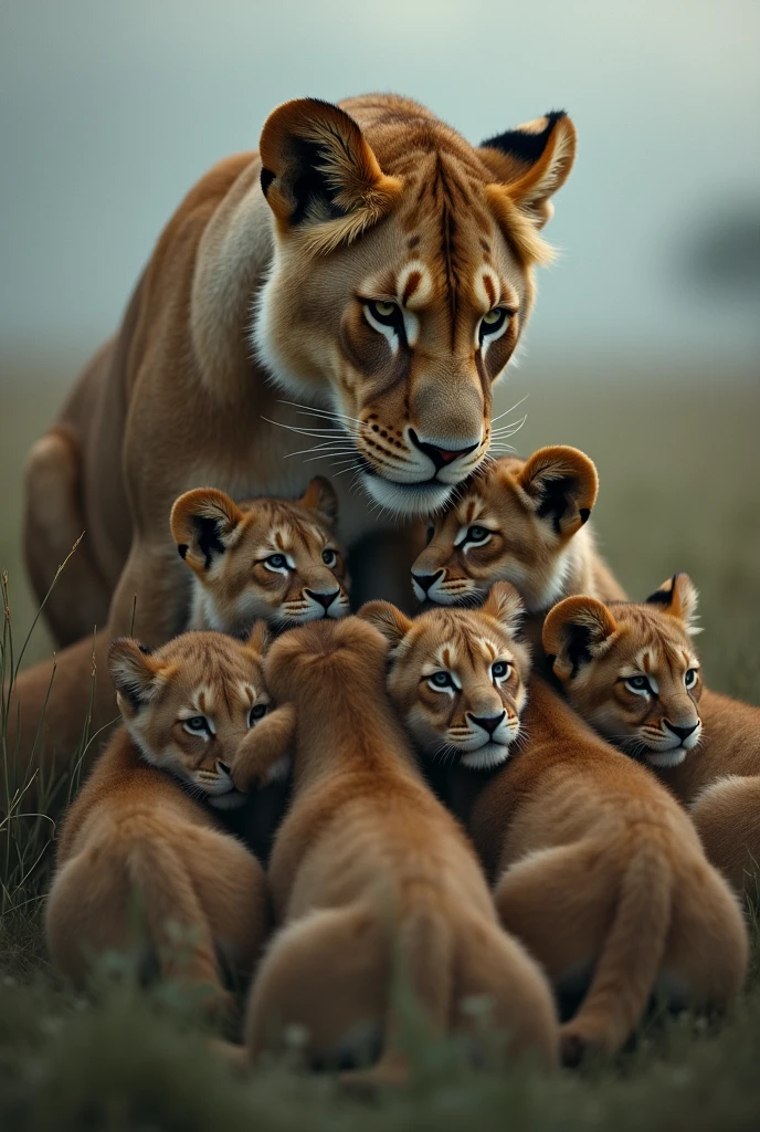 Image of a sad lioness with 8 cubs