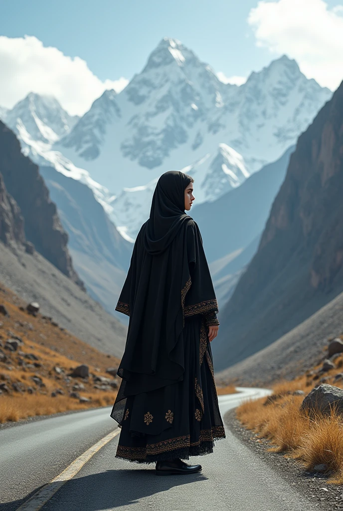 Generate a picture of a 1 girl wearing black pashtoon traditional suit and standing at a road between mountains