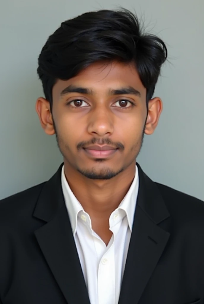 A young man same black color skin , dressed in a black blazer over a white shirts ,short hair style Bangladeshi and color  black and black eye for passport size picture. 