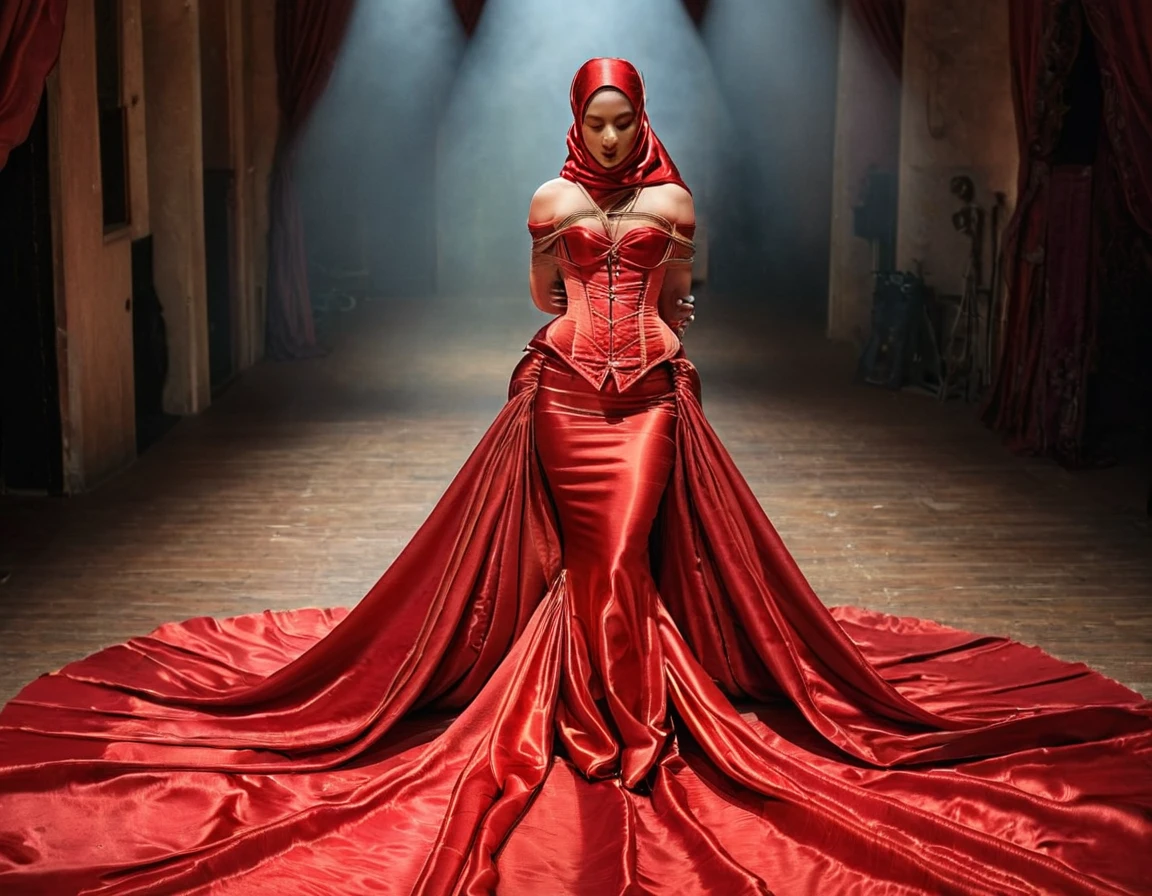 A woman shrouded in a 8-meter-long, plush red satin cloth, tightly bound and grandly draping along the form of her body, wear sexy corset,flowing off into a pooled floor-length train, styled in a mermaid-inspired outfit with very long train outfit, her head modestly veiled in a satin hijab, tall woman, walk on stage, sing in front of a microphone stand, a full-body pose conveying a sense of mysterious elegance, captured in a 4k resolution, ultra-realistic