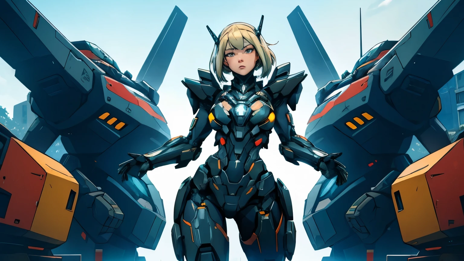 RUSSIAN WAIFU, in a combat exo-suit in front of a giant Mecharobot. very clear detail