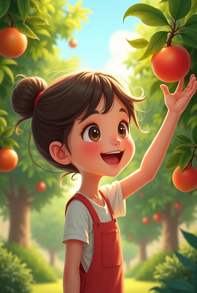 Girl getting fruit on their backyard ( one bun hair) cartoon) close up