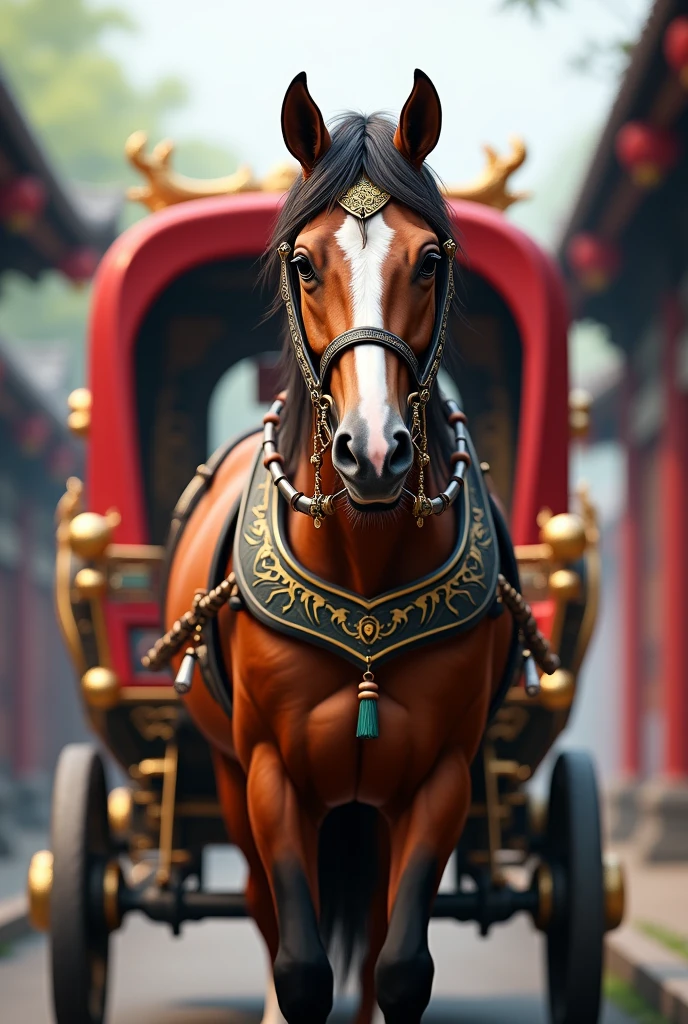 Chinese style horse carriage, have horse but don’t have human , angle height as a horse's head.

