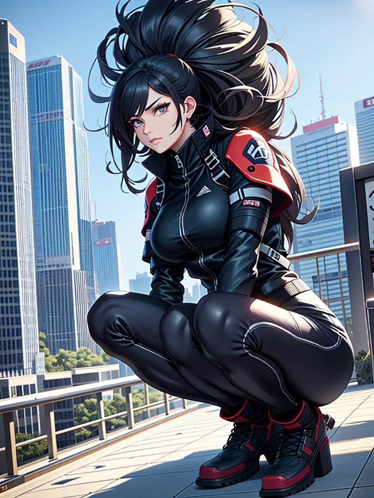 Giant Woman、18 meters tall、In a city building、Crouching shyly