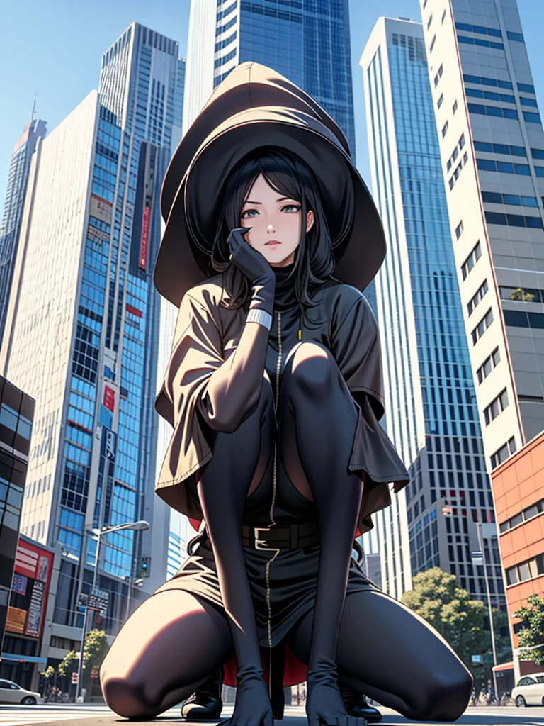 Giant Woman、18 meters tall、In a city building、Crouching shyly