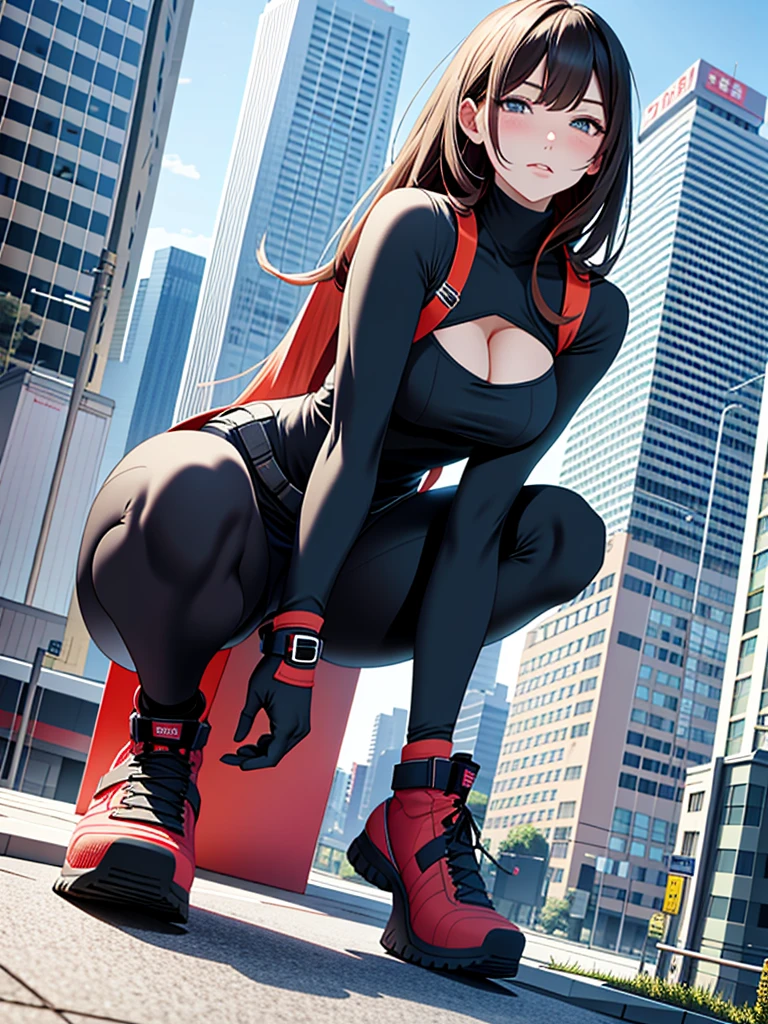 Giant Woman、18 meters tall、In a city building、Crouching shyly