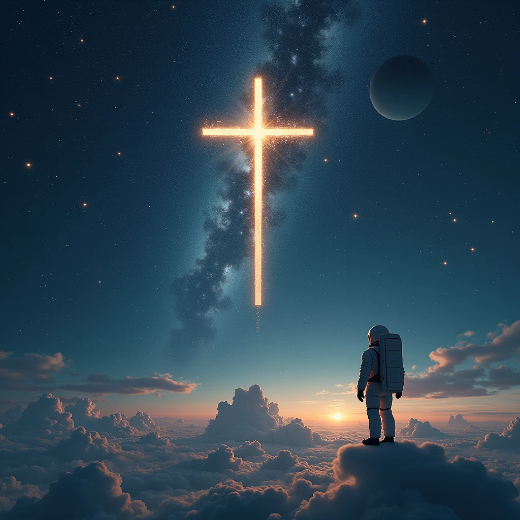 A cross, in outer space, constellations, stars , planets , an astronaut
