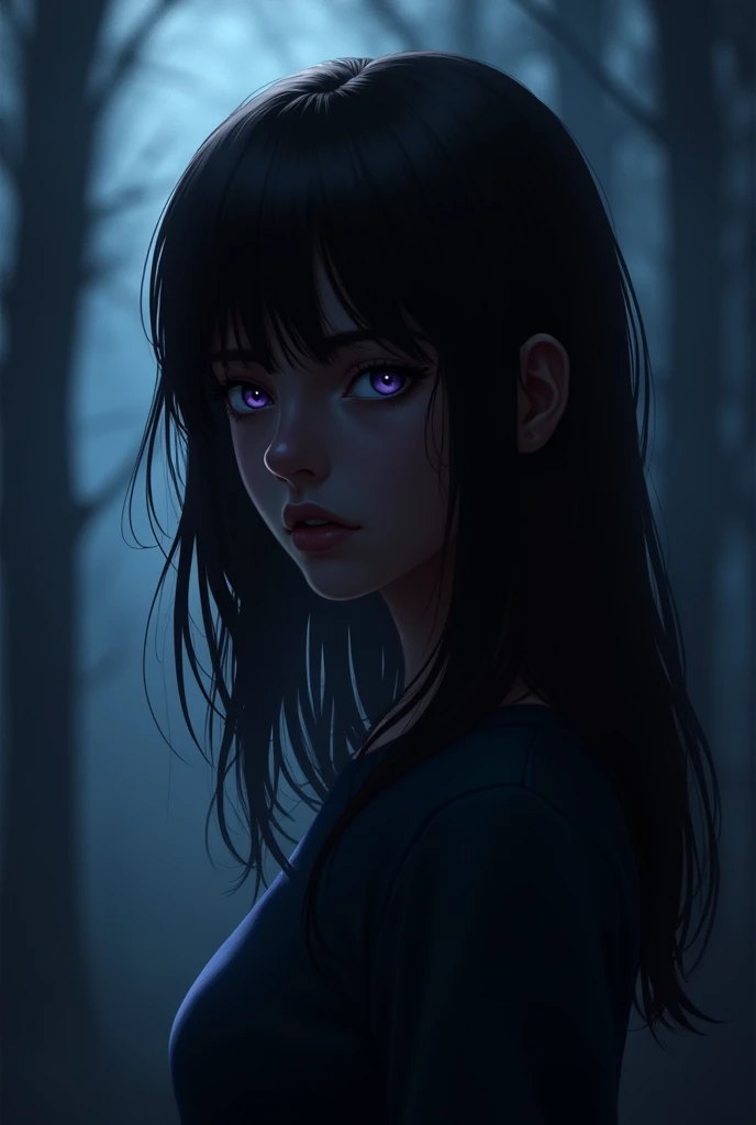 Let it be like a book cover where only the silhouette of a age girl can be seen., dark brown straight hair, Dark skin and purple eyes look a little in the dark to be realistic