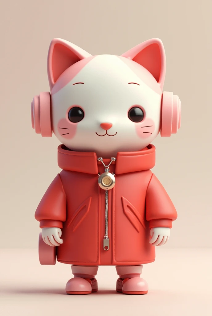 A cute pink and white cat robot wearing a red coat. The bag is still easy