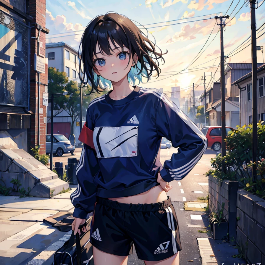 (Realistic painting style:1.0), Masterpiece, Best quality, absurderes, comic strip, illustration,
1 girl, Medium hair, Cute girl, young and cute girl, Korean girl, {Breasts}, Width 17, 
A girl in a white shirt and black shorts, Wearing track suit, croptop, trending on r/Street attire, She is seen wearing streetwear pieces, Wearing track suit, Sportswear,