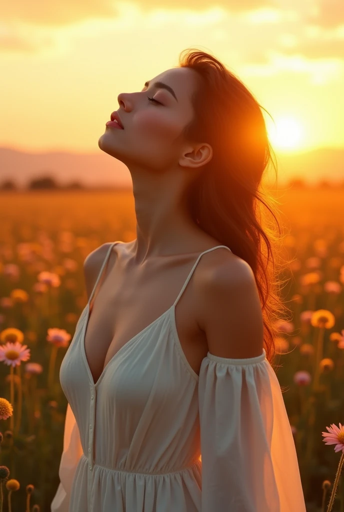 ((best quality, 8K, masterpiece :1.3)),  girl, highly detailed, head looking up and eyes closed, Tranquil sunset scene featuring a woman The woman is wearing a flowing white dress that catches the golden light of the setting sun, highly detailed, realistic, sharp features, highly detailed, sharp focus, perfect face, perfect symmetry, perfect eyes, perfect lips, nice anatomy, flexible female body shape, sexy face, big breasts, exposed cleavage, ((cinematic, film light, dramatic)), highly detailed, hyperrealistic, masterpiece, atmospheric, high resolution, dynamic studio lighting. looking at the viewer's atmospheric perspective, volumetric lighting, clear focus, (realistic, Hyperrealistic: 1.37), 16k HD, information, ((full shot)).
walking closer to the camera in a field of wildflowers. The scene evokes a sense of calm, peace, and the serene beauty of nature as it transitions into night. ((cinematic, film light, dramatic)), highly detailed, hyperrealistic, masterpiece, atmospheric, high