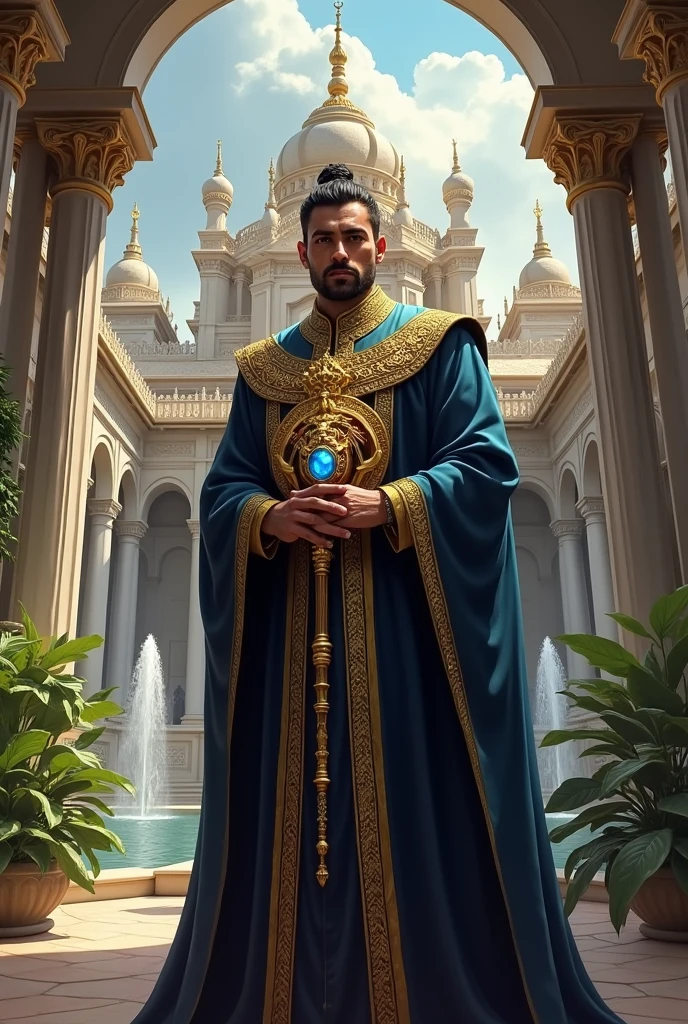 Raja: half body of an adult man with a sharp gaze. He held a blue gemstone scepter. Robe: Long dark blue robe with gold embroidery with a lion symbol. Magnificent palace with mixed Javanese and Islamic architecture. There are towers that rise to the sky, gardens with fountains. Art Style: Realistic with a touch of Fantas with the writing in the middle, namely MAHAKARSA