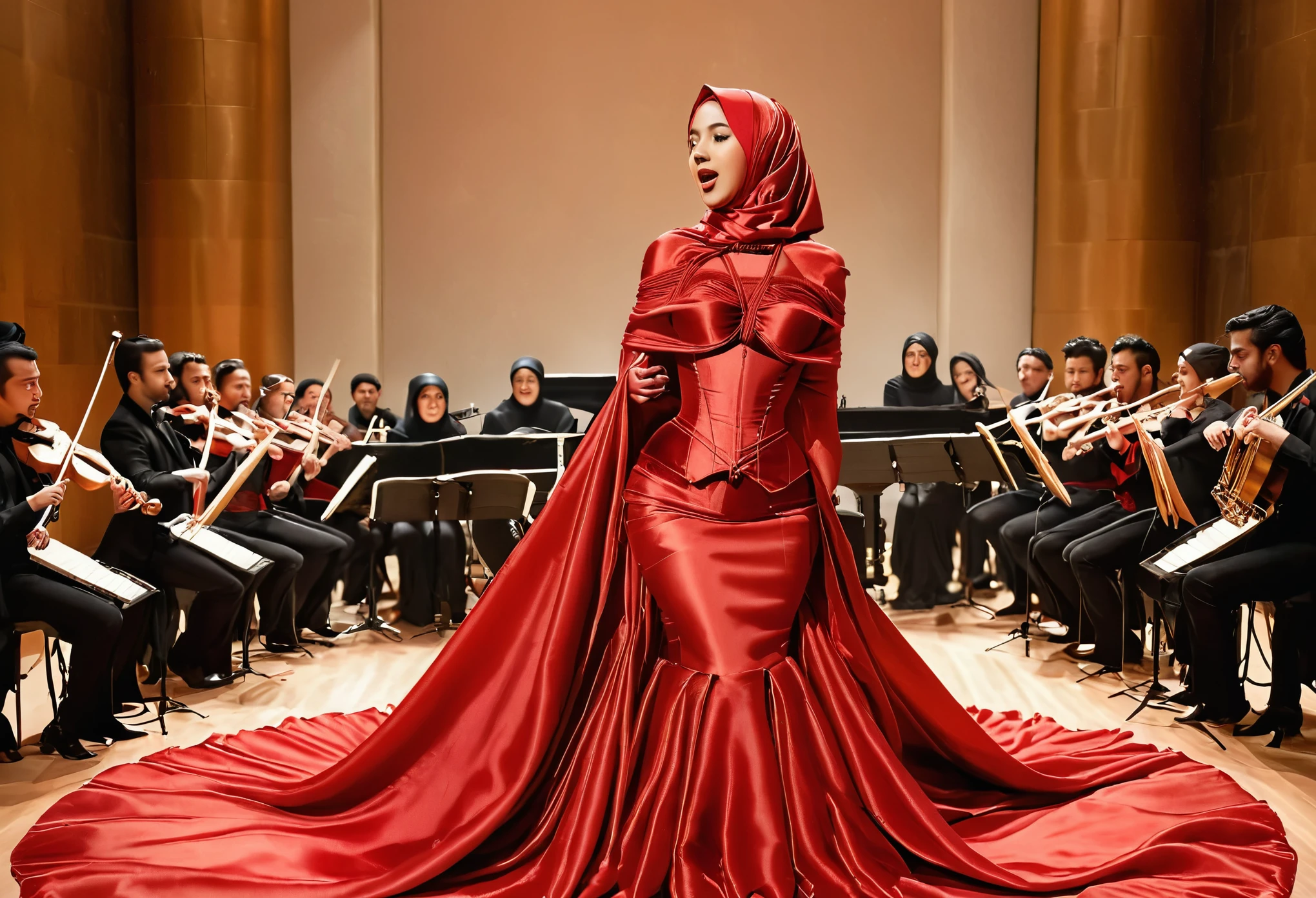 A woman shrouded in a 10-meter-long, plush red satin cloth, tightly bound and grandly draping along the form of her body, wear corset, flowing off into a pooled floor-length train, styled in a mermaid-inspired outfit, her head modestly veiled in a satin hijab, tall woman, standing and singing in orchestra, stand microphone in front of her, a full-body pose posing in front of people, captured in a 4k resolution, ultra-realistic