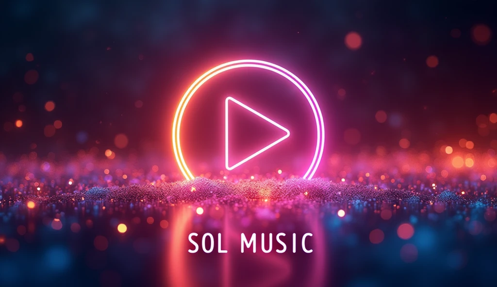 Play button with glowing background representing music, the words "Sol Music" (capitalized) below the play button