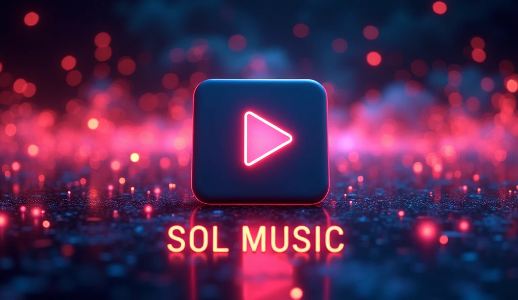 Play button with glowing background representing music, the words "Sol Music" (capitalized) below the play button