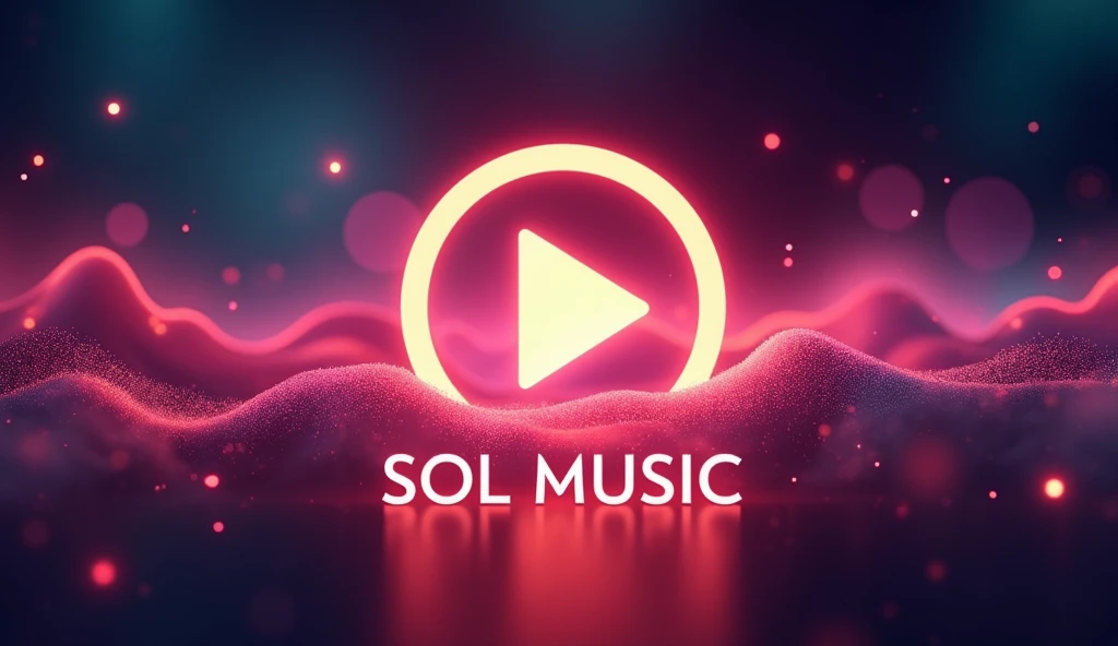 Play button with glowing background representing music, the words "Sol Music" (capitalized) below the play button