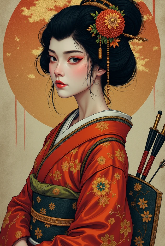 (Ultra-detailed face, looking away, Fantasy Illustration with Gothic, Ukiyo-e, Comic Art, Rich colors), BREAK (Japanese courtesan of the Heian period (794-1185), wearing a black eboshi (headgear), a pair of bracelets over the ears, a vermilion-embroidered robe with a hem of a gesho (undergarment) reaching from the waist to the ground, a hanabuto (half arm) visible under the collar, a belt with a hirago (a flat cord) around the waist, a ceremonial sword with an inlay on the belt, an arrow barrel on his back, an arrow in the barrel, a bow about his height, and a white thimble with a white thong and black leather shoes. He wears white thimble and black leather shoes.)
