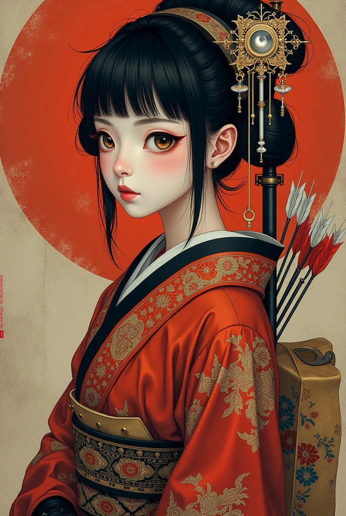 (Ultra-detailed face, looking away, Fantasy Illustration with Gothic, Ukiyo-e, Comic Art, Rich colors), BREAK (Japanese courtesan of the Heian period (794-1185), wearing a black eboshi (headgear), a pair of bracelets over the ears, a vermilion-embroidered robe with a hem of a gesho (undergarment) reaching from the waist to the ground, a hanabuto (half arm) visible under the collar, a belt with a hirago (a flat cord) around the waist, a ceremonial sword with an inlay on the belt, an arrow barrel on his back, an arrow in the barrel, a bow about his height, and a white thimble with a white thong and black leather shoes. He wears white thimble and black leather shoes.)