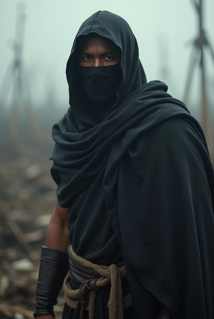 A warrior hidding himself with ancient cloth with no weapon  improve it, make warrior most powerful 
Make face using mask
Make brownish fair skin tone
Make it Indian
Stand him in post war
Age 24 to 25
Make him mysterious 
Black cloth 
Don't show body
Make fair skin and confident
It's too good creat more like this
Creat a person who killed all people in war
