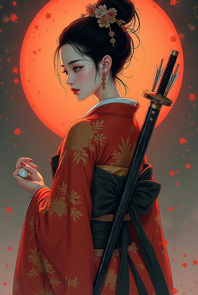 (Ultra-detailed face, looking away, Fantasy Illustration with Gothic, Ukiyo-e, Comic Art, Rich colors), BREAK (Japanese courtesan of the Heian period (794-1185), wearing a black eboshi (headgear), a pair of bracelets over the ears, a vermilion-embroidered robe with a hem of a gesho (undergarment) reaching from the waist to the ground, a hanabuto (half arm) visible under the collar, a belt with a hirago (a flat cord) around the waist, a ceremonial sword with an inlay on the belt, an arrow barrel on his back, an arrow in the barrel, a bow about his height, and a white thimble with a white thong and black leather shoes. He wears white thimble and black leather shoes.)