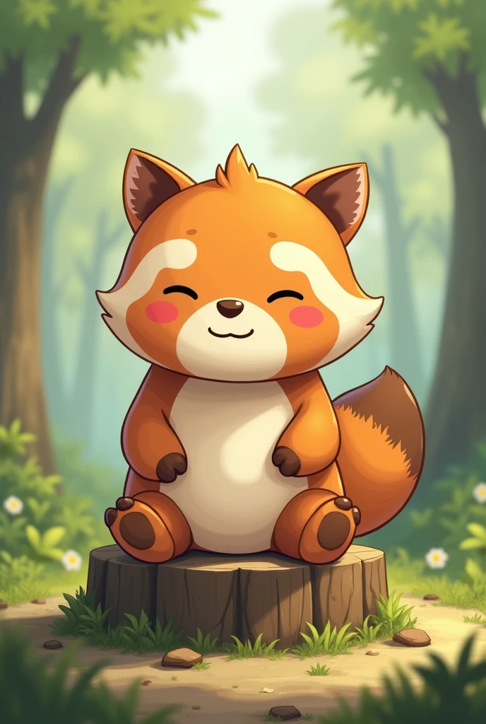 Tanuki costume、human、Heartwarming、mascot、smile、Sleepy face、Sitting on a stump、anime