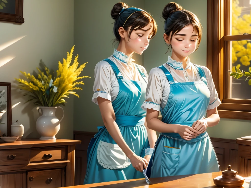 A maid diligently cleaning the room, using a antibacterial cloth to remove dust from every surface, hands swiftly wiping away dirt stains [cleaning the room, diligent maid, feather duster, hands swiftly wiping, removing dust, surfaces free from dirt stains]. The maid wears a neat uniform with a crisp apron, complemented by a tidy hair bun [maid's uniform, crisp apron, neat hair bun]. Sunlight streams through the window, casting a warm glow on the room [sunlight streaming, warm glow]. High-quality, realistic details are essential for this artwork [best quality, realistic:1.37], showcasing the intricate patterns in the room's furnishings [detail-focused, intricate patterns]. An impressionist style gives the artwork a touch of elegance [impressionist style], with vibrant colors adding visual appeal [vibrant colors]. The room features a floral wallpaper, accentuating the fresh and pleasant atmosphere [floral wallpaper, fresh atmosphere]. The lighting emphasizes the tidiness of the room, illuminating the maid's focused expression [tidy room lighting, maid's focused expression].