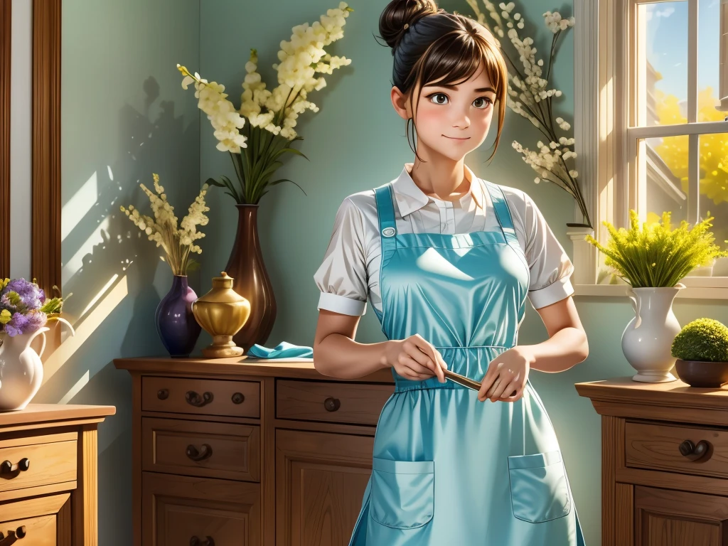 A maid diligently cleaning the room, using a antibacterial cloth to remove dust from every surface, hands swiftly wiping away dirt stains [cleaning the room, diligent maid, feather duster, hands swiftly wiping, removing dust, surfaces free from dirt stains]. The maid wears a neat uniform with a crisp apron, complemented by a tidy hair bun [maid's uniform, crisp apron, neat hair bun]. Sunlight streams through the window, casting a warm glow on the room [sunlight streaming, warm glow]. High-quality, realistic details are essential for this artwork [best quality, realistic:1.37], showcasing the intricate patterns in the room's furnishings [detail-focused, intricate patterns]. An impressionist style gives the artwork a touch of elegance [impressionist style], with vibrant colors adding visual appeal [vibrant colors]. The room features a floral wallpaper, accentuating the fresh and pleasant atmosphere [floral wallpaper, fresh atmosphere]. The lighting emphasizes the tidiness of the room, illuminating the maid's focused expression [tidy room lighting, maid's focused expression].