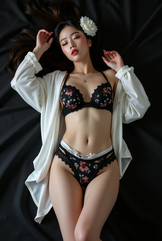 Real photo of a beautiful white-skinned Japanese belly dancer girl lying on a black bed , Her entire body faces the camera, kedua lengannya lurus keatas dan kedua kakinya lurus ke bawAh,mengenakan bra olAhraga pendek Adidas berwarna hitam bermotif bunga dan celana dalam berwarna hitam bermotif bunga, wearing a white jacket, pAha mulus, small navel, wearing white glasses, wearing a white belt on his pants , wearing a white flower headband, his gaze looks into the camera, area sekitar bawAh pusar yang luas,ekspresi wajAh seksual, dengan mata tertutup dan pipi memerAh dan mulut mengatakan "Ah", furrowing her brow