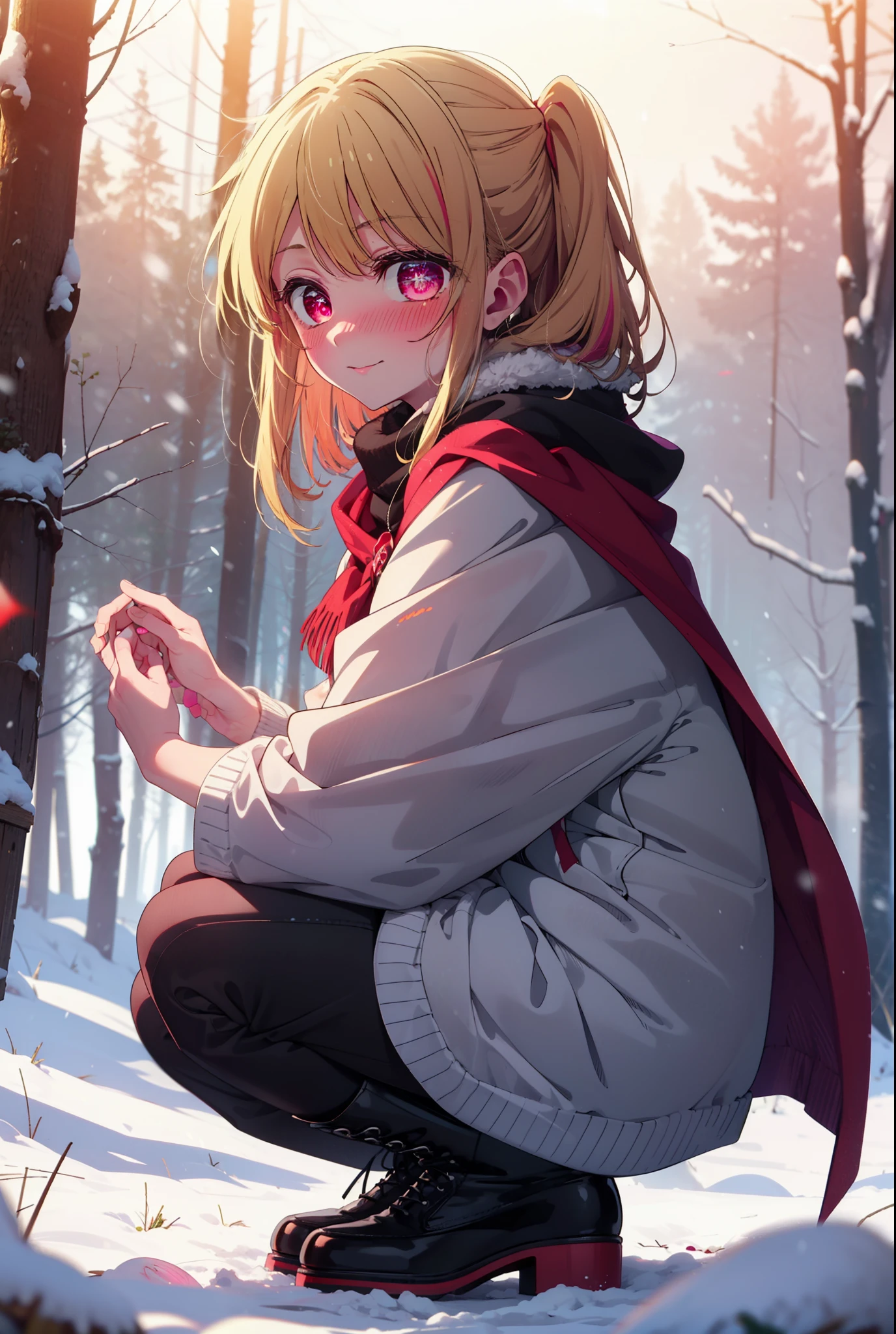 rubyhoshino, Hoshino Ruby, Long Hair, bangs, blonde, (Pink Eyes:1.3), Side Lock, (Symbol-shaped pupil:1.5), Multicolored Hair, Two-tone hair, smile,,smile,blush,white breath,
Open your mouth,snow,Ground bonfire, Outdoor, boots, snowing, From the side, wood, suitcase, Cape, Blurred, , forest, White handbag, nature, Squat, Mouth closed, Cape, winter, Written boundary depth, Black shoes, red Cape break looking at viewer, Upper Body, whole body, break Outdoor, forest, nature, break (masterpiece:1.2), Highest quality, High resolution, unity 8k wallpaper, (shape:0.8), (Beautiful and beautiful eyes:1.6), Highly detailed face, Perfect lighting, Extremely detailed CG, (Perfect hands, Perfect Anatomy),