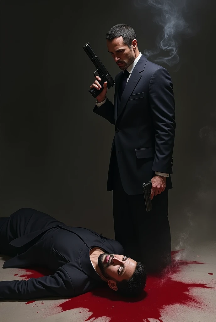 Homme qui tient un pistolet dans sa main, le pistolet dégage une légère fumée, au pied de l'homme, il y a le cadavre d'un homme qui a une balle dans la tête et qui gît dans une flaque de sang