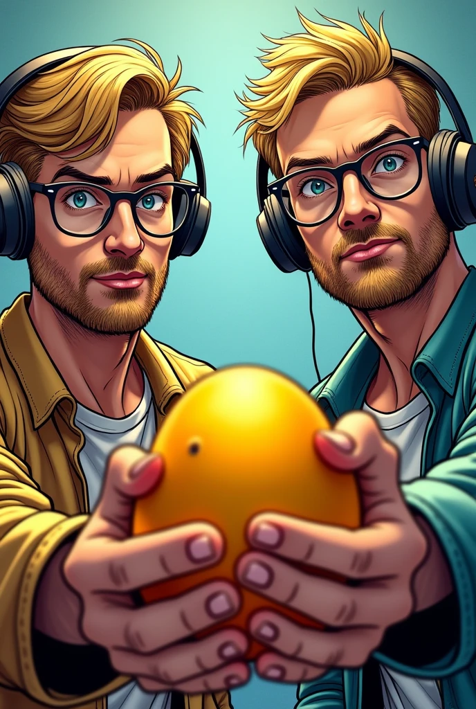 DC Comics style image, 2 nerdy man, blonde with short messy hair and glasses wearing cat-eye headsets, unshaven beard, holding a mango with an inviting face