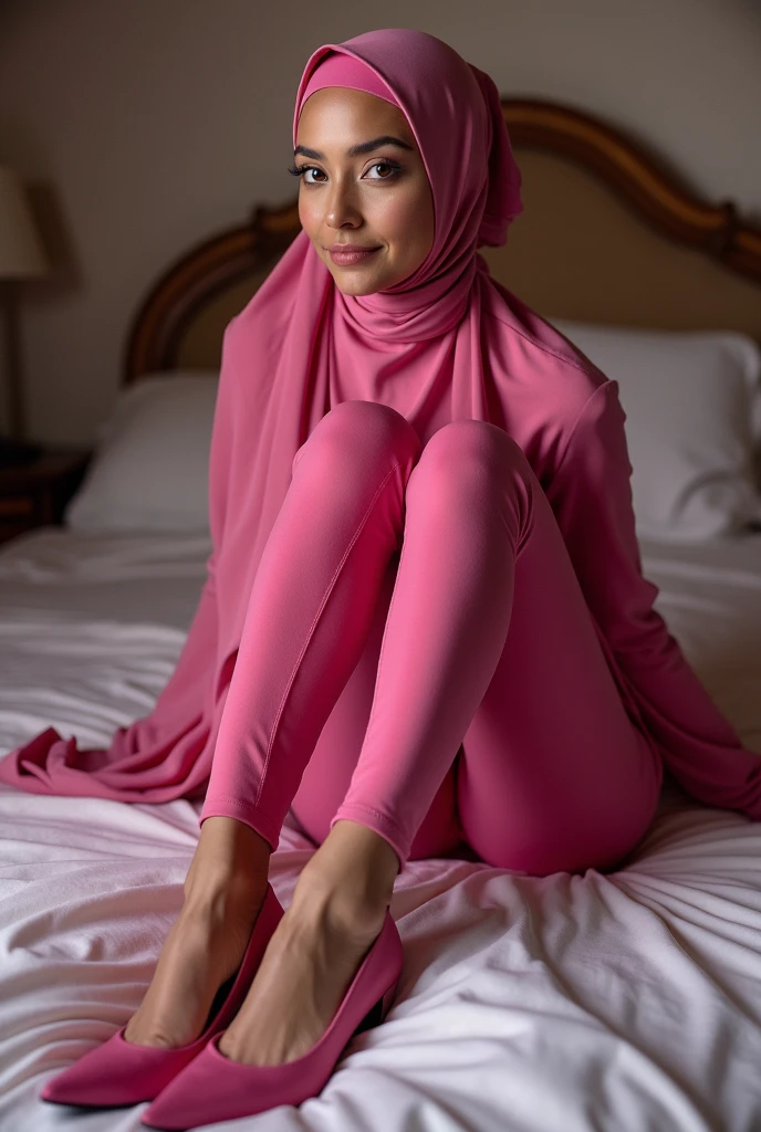 ((best quality)),pink hijab, leggings, long legs, sexy pose, pink high heels, g-string, feets to the camera, pointing feets to camera, domina pose, sitting on the bed