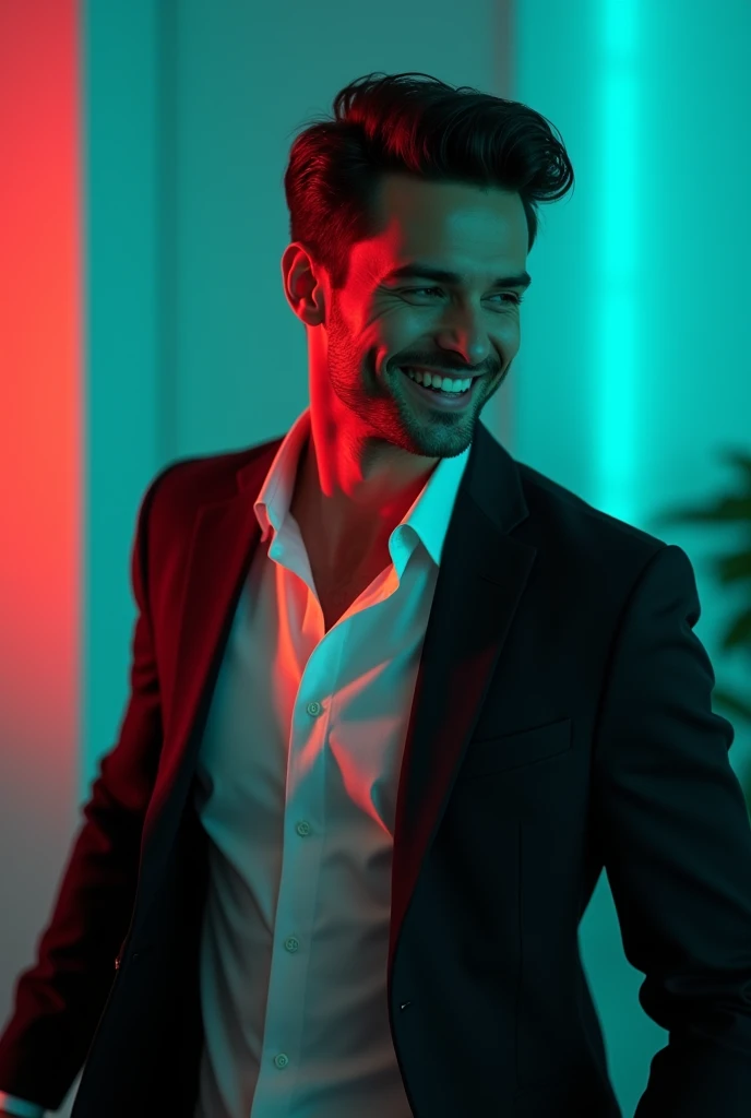 a young man with dark hair and a confident smile he is dressing a black Bazaar over a white shirt the man is positioned against apqua colour background with a subtle red lighting on the left side and he pushing for linked profile