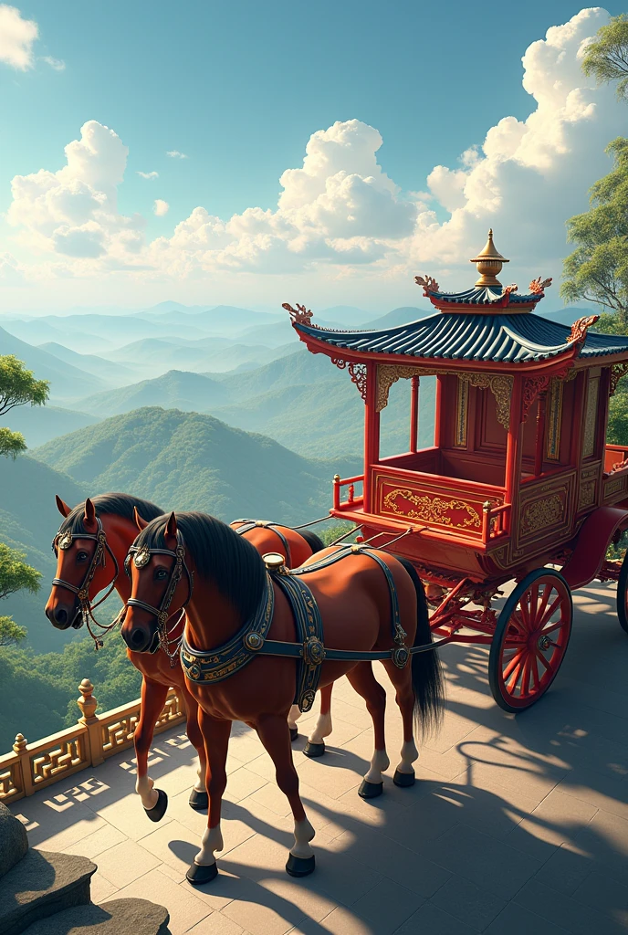 Chinese style horse carriage, have horse but don’t have human , high view

