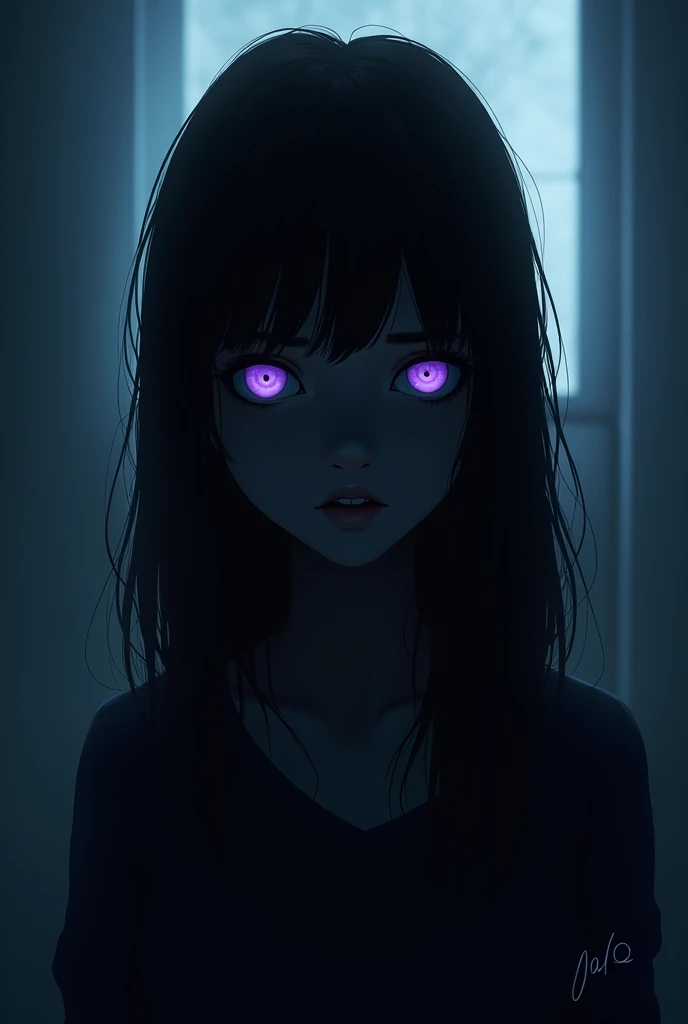 Let it be like a book cover where only the silhouette of a teenage girl can be seen., dark brown straight hair, Dark skin and purple eyes look a little in the dark to be realistic