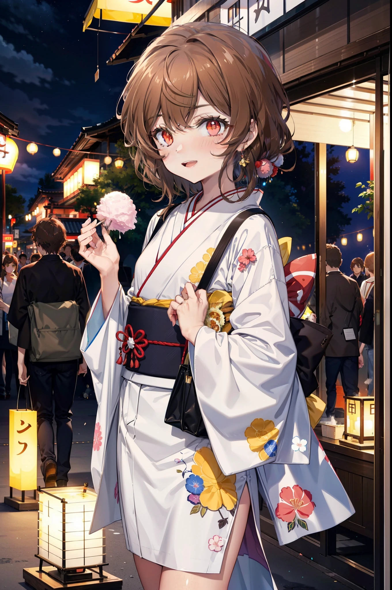 Lililukarde, (Brown eyes:1.7), Brown Hair, (Flat Chest:1.2), short hair,smile,blush,Open your mouth,night,Brown kimono,mini skirt,He is holding cotton candy in his right hand and a clear bag full of cotton candy in his left hand.,Japanese Festivals,Summer festival food stalls,Red lantern,whole bodyがイラストに入るように,
break looking at viewer,whole body, (Cowboy Shot:1. 5),
break outdoors, Veranda,
break (masterpiece:1.2), Highest quality, High resolution, unity 8k wallpaper, (figure:0.8), (Beautiful attention to detail:1.6), Highly detailed face, Perfect lighting, Highly detailed CG, (Perfect hands, Perfect Anatomy),