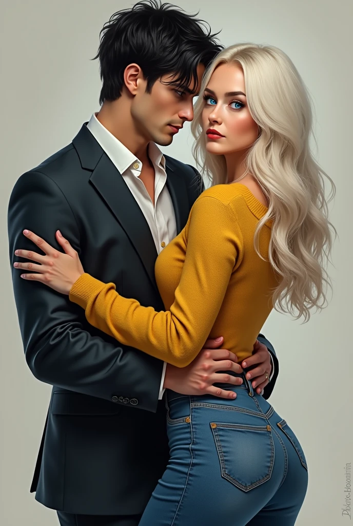 A book cover, the book is called Head & Heart. A man and a woman. He’s holding on to her hips and she’s holding on to his shoulders. She has platinum blonde hair with blue eyes and he has black hair with blue eyes too. Make her look really sweet and make him look very intimidating but loving when he looks at her. He has a suit on and she has a yellow sweater on and cute jeans 