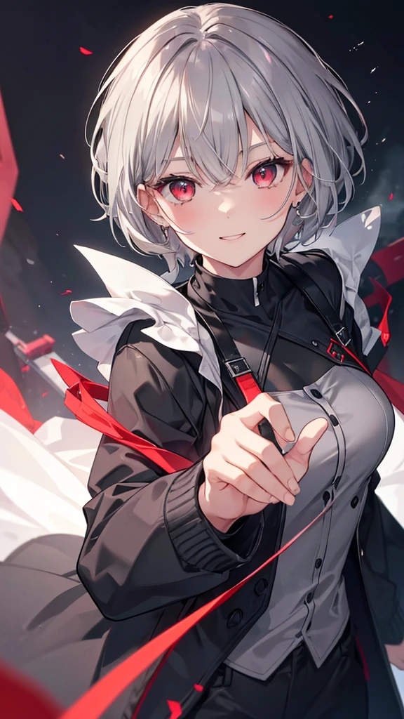 (Highest quality,Very detailed,Grey-haired man),hair is short,cool,Red eyes,Black suit,Her eyes are white and shining,Her eyes are white and shining,Looking at me with a big smile,