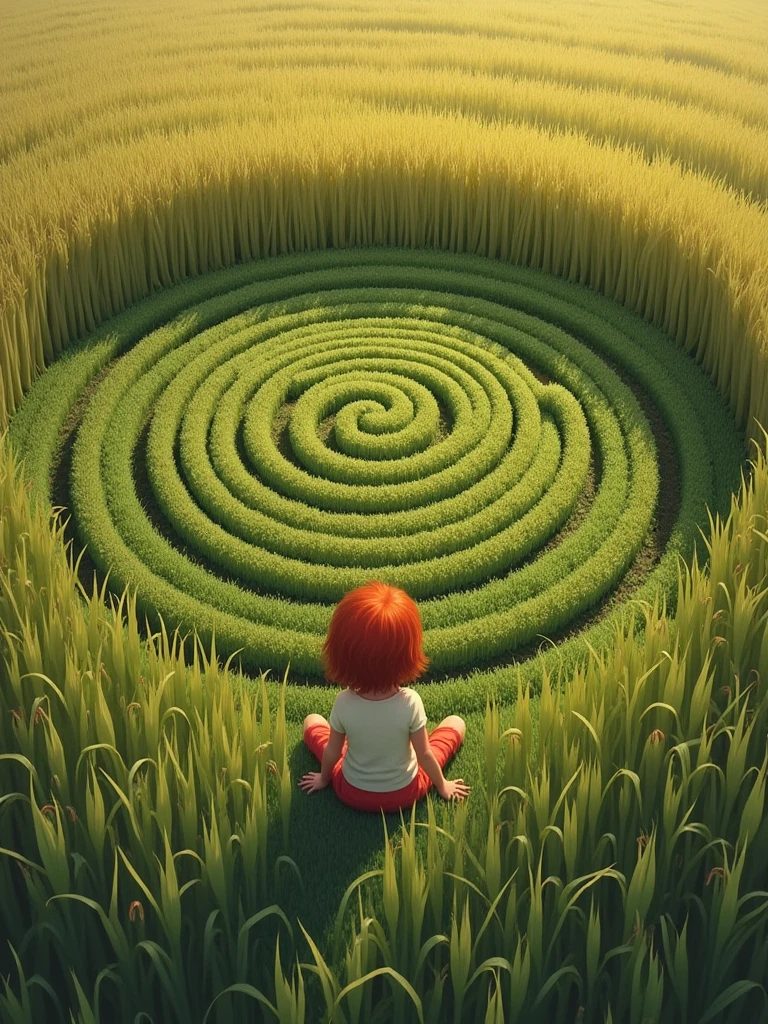 A  girl with red hair sitting backwards on the floor in the center of a crop circle in a corn field