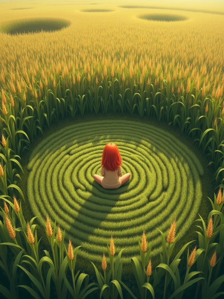 A small girl with red hair sitting backwards on the floor in the center of a crop circle in a corn field