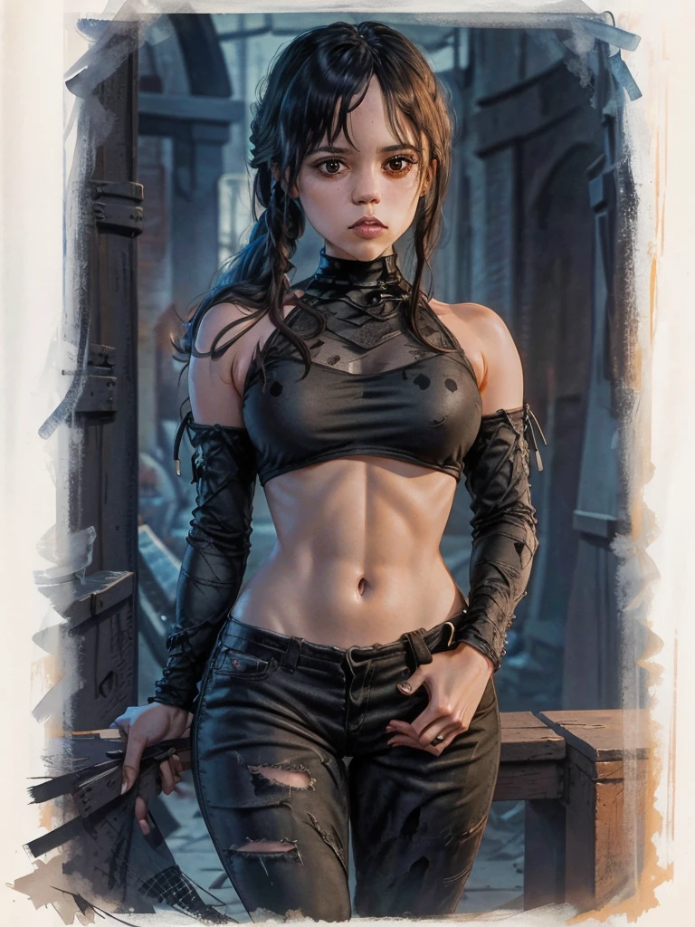 Beautiful portrait of jnortg,long hair, blach hair, thin and athletic, small breasts, in a gothic composition with skulls and prison jail, iron, cuffed, ink and watercolor, movie poster, vampire movie, wearing orange pants, topless, high resolution, many details, perfect anatomy,  watercolor painting, erect nipples, blue veins, affraid, look behind her shoulder